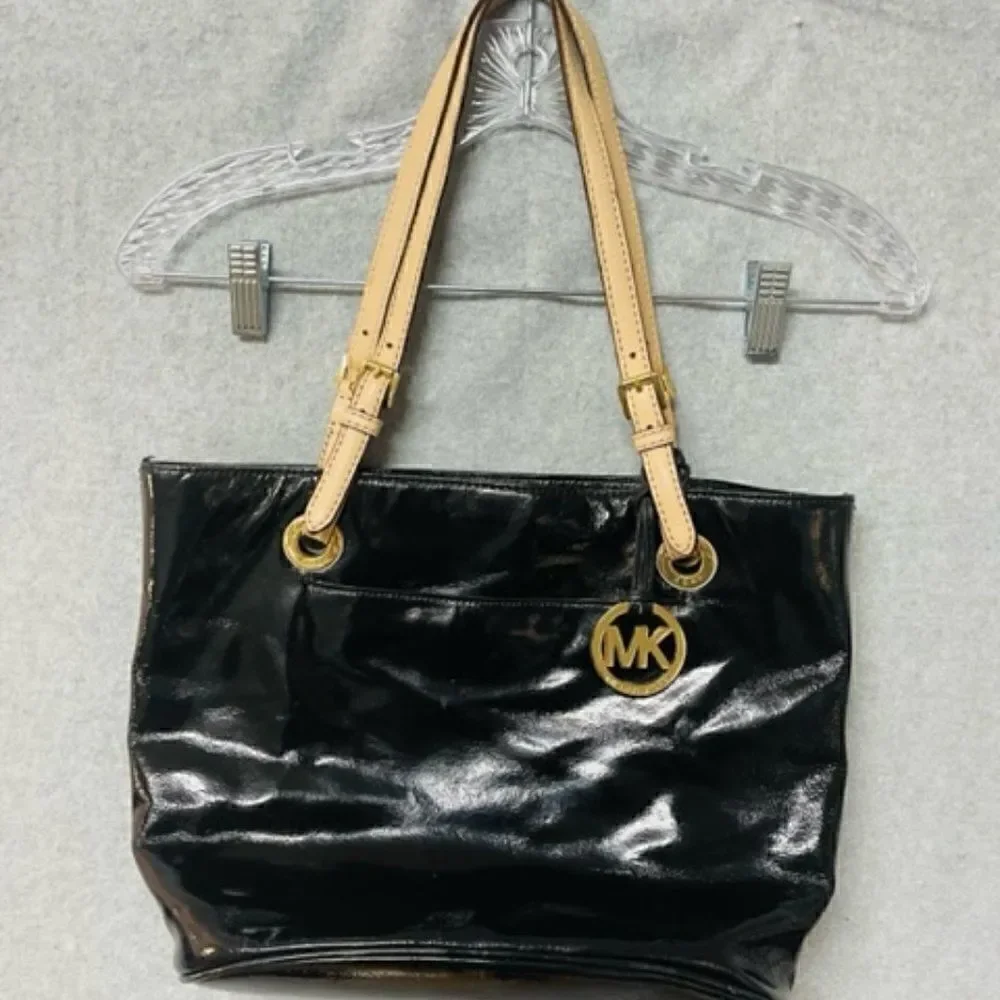 Michael Kors Handbag Black Patent Leather Tote Shoulder Good Condition - does sh